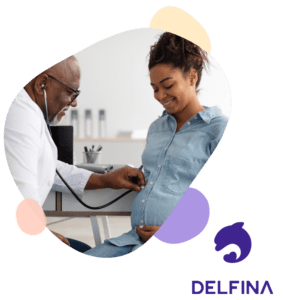 Image of a pregnant woman visiting a doctor and Delfina Logo in corner